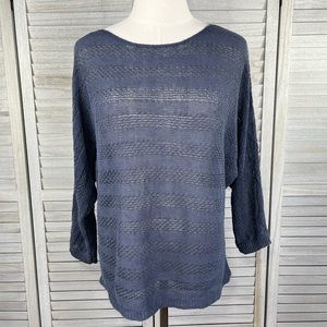 TAHARI Linen Open Weave 3/4 Sleeve Crewneck Sweater Navy-Small